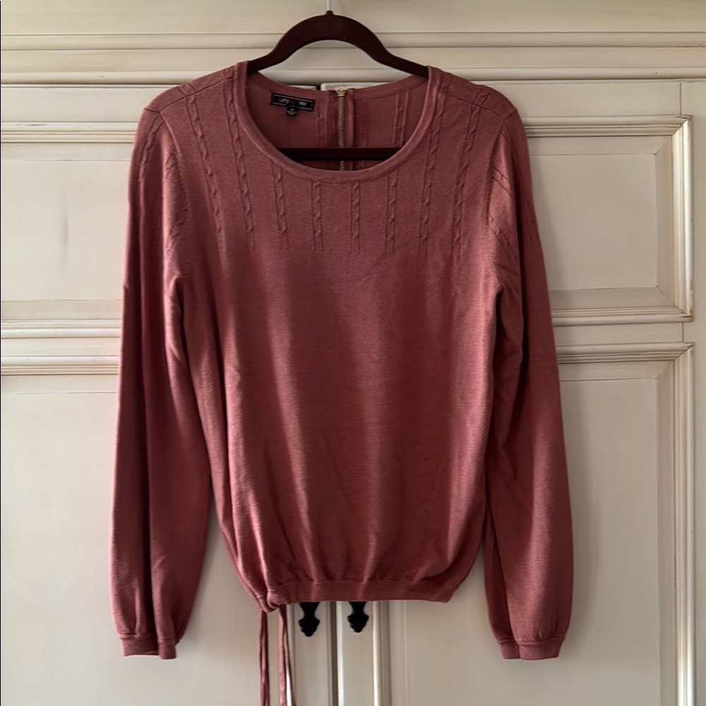 Brown Crew Neck Sweater waist tie and back zipper details